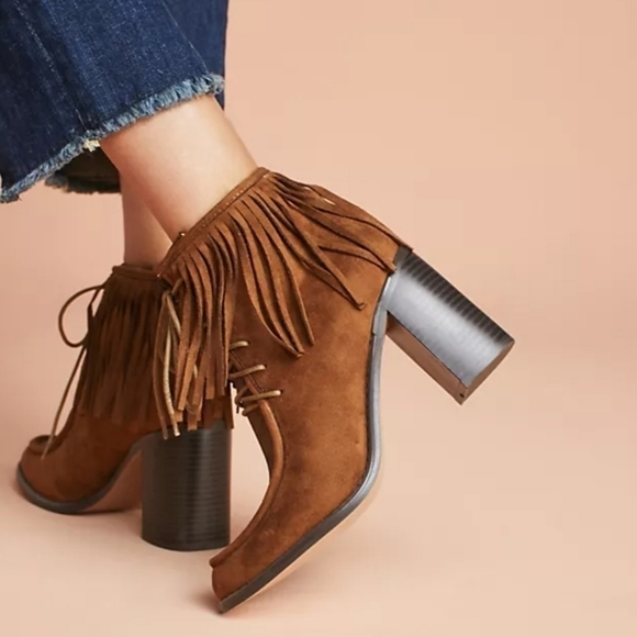 Anthropologie Vanessa Wu Brown Suede Fringed Lace Up Moccasin Booties Size 37 - Picture 8 of 11